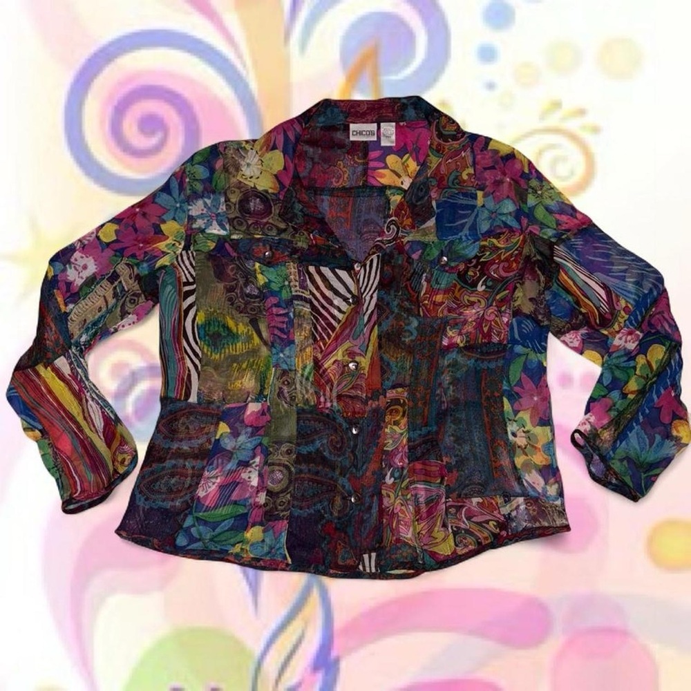 MINT vtg 90s wearable art sheer 81% silk patchwork button up - chico’s, sz 3/xl - Picture 4 of 6